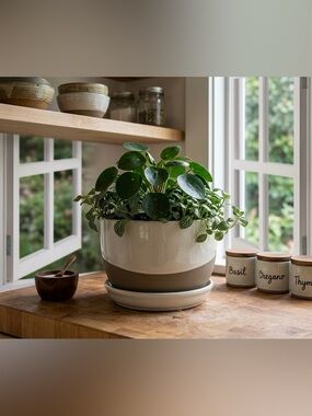 Antique White Ceramic Planter with Attached Saucer - 6 Inch Round Two-Tone